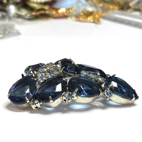 VINTAGE Brooch 2" Blue Rhinestone Vtg High End Costume Jewelry Pin A21 - Picture 4 of 7